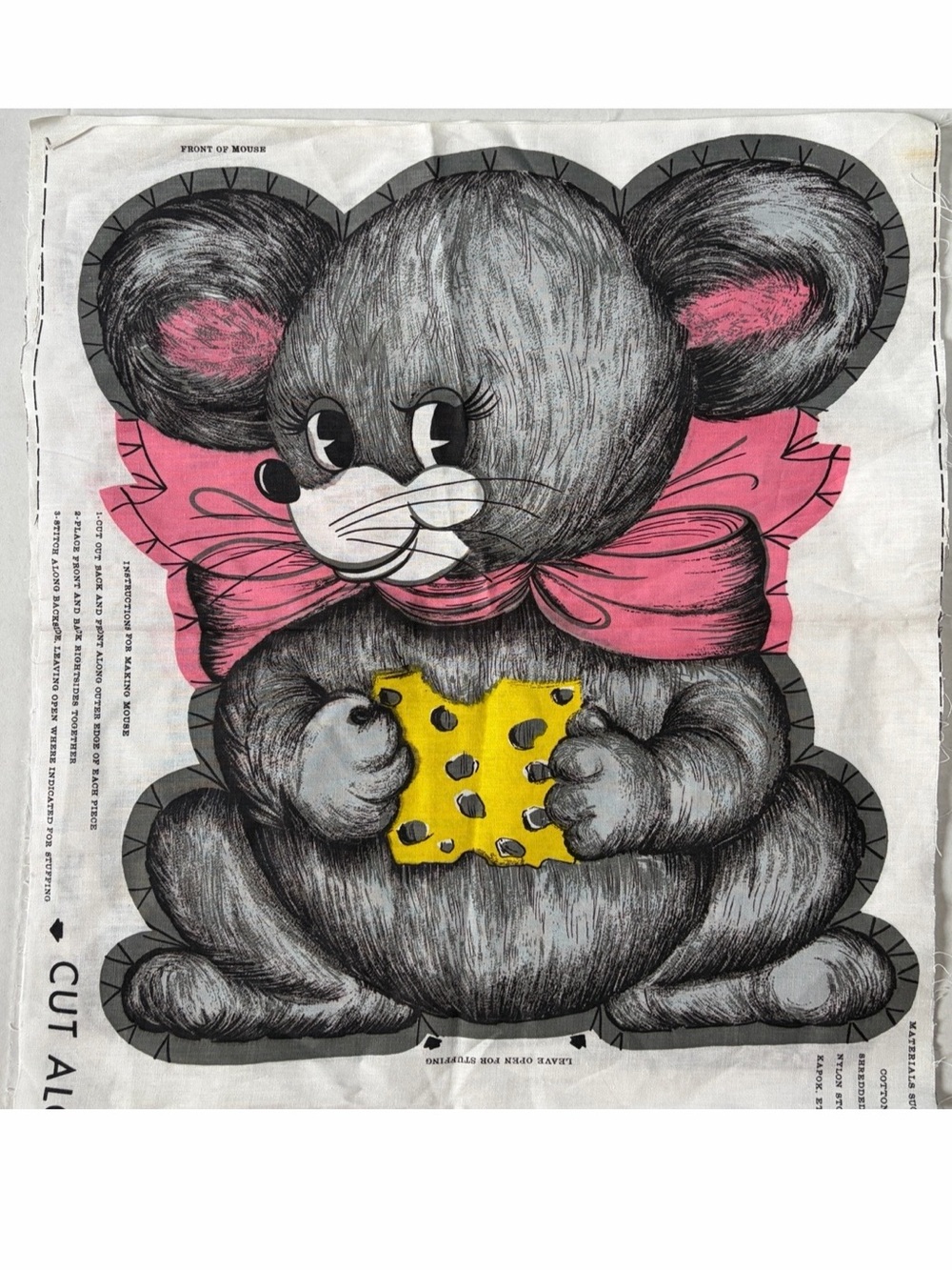 Vintage 1970s Mouse Cut & Sew Fabric Panel Uncut Stuffed Animal Sewing Craft